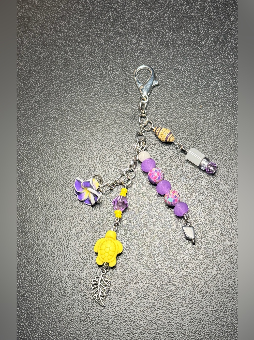 ✨Hand Crafted✨Purple & Yellow Beaded Floral Turtle Bag Charm